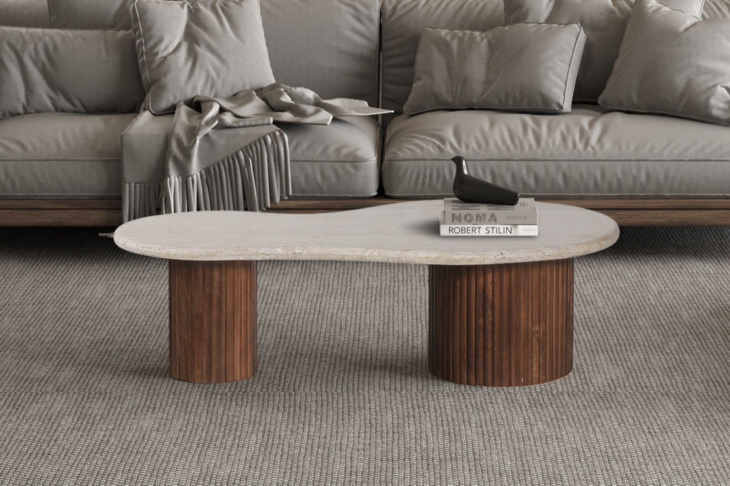 TABLE BASSE 'MARLON' BOIS DE MANQUI AVEC TRAVERTIN
