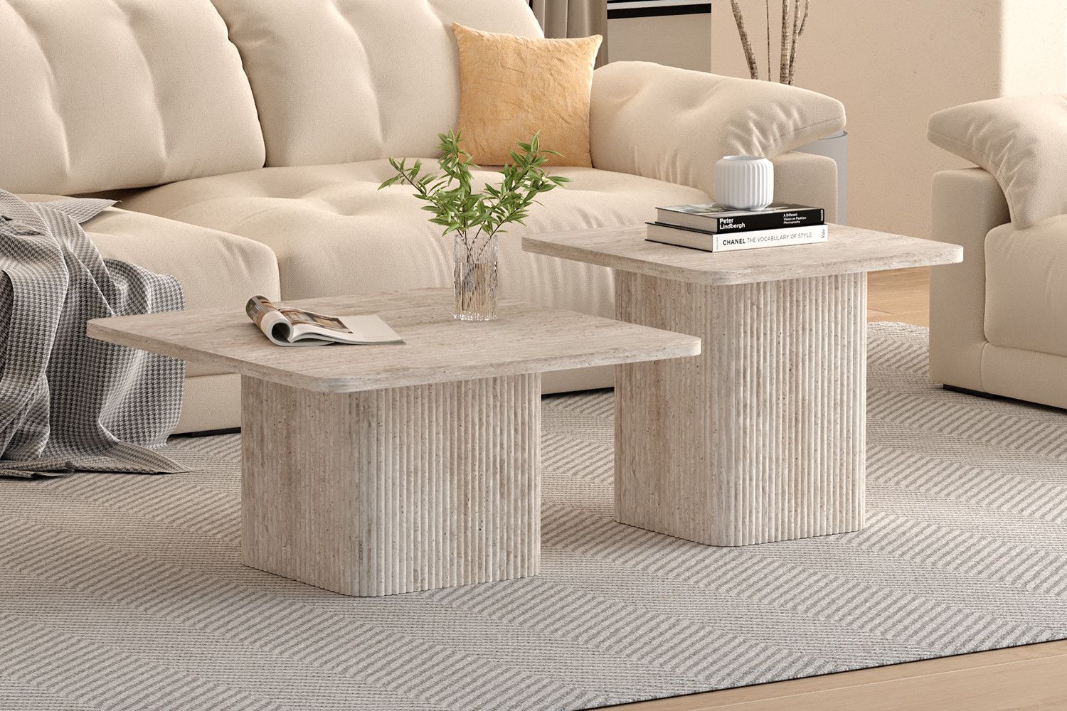 TABLE BASSE 'BOBBY' DUO EFFET TRAVERTIN BEIGE